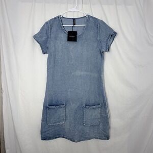 JustFashionNow Light Wash Denim Shift Dress Short Sleeve Pockets Women's M